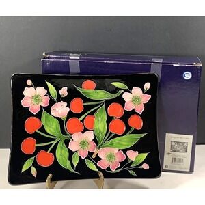 Blue Sky Icing on Cake Cherry Blossom Black Plate Platter Serving Dish J McCall